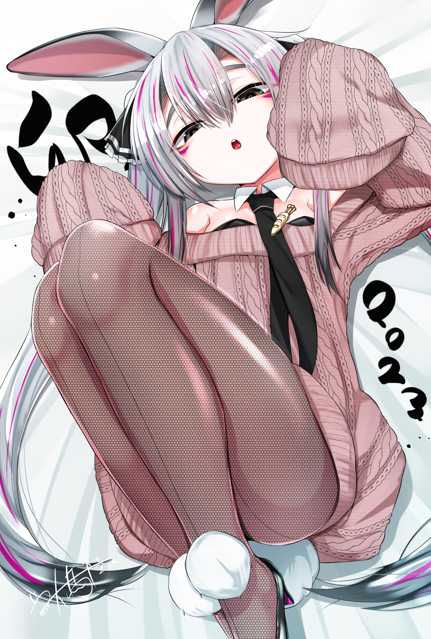 dai yasude, original, highres, 1girl, animal ears, black eyes, breasts, chinese zodiac, dress, grey hair, high heels, legs up, leotard, leotard under clothes, long hair, looking at viewer, lying, multicolored hair, on back, open mouth, pantyhose, pink hair, playboy bunny, rabbit ears, rabbit girl, sleeves past fingers, sleeves past wrists, small breasts, solo, sweater, sweater dress, twintails, two-tone hair, very long hair, year of the rabbit
