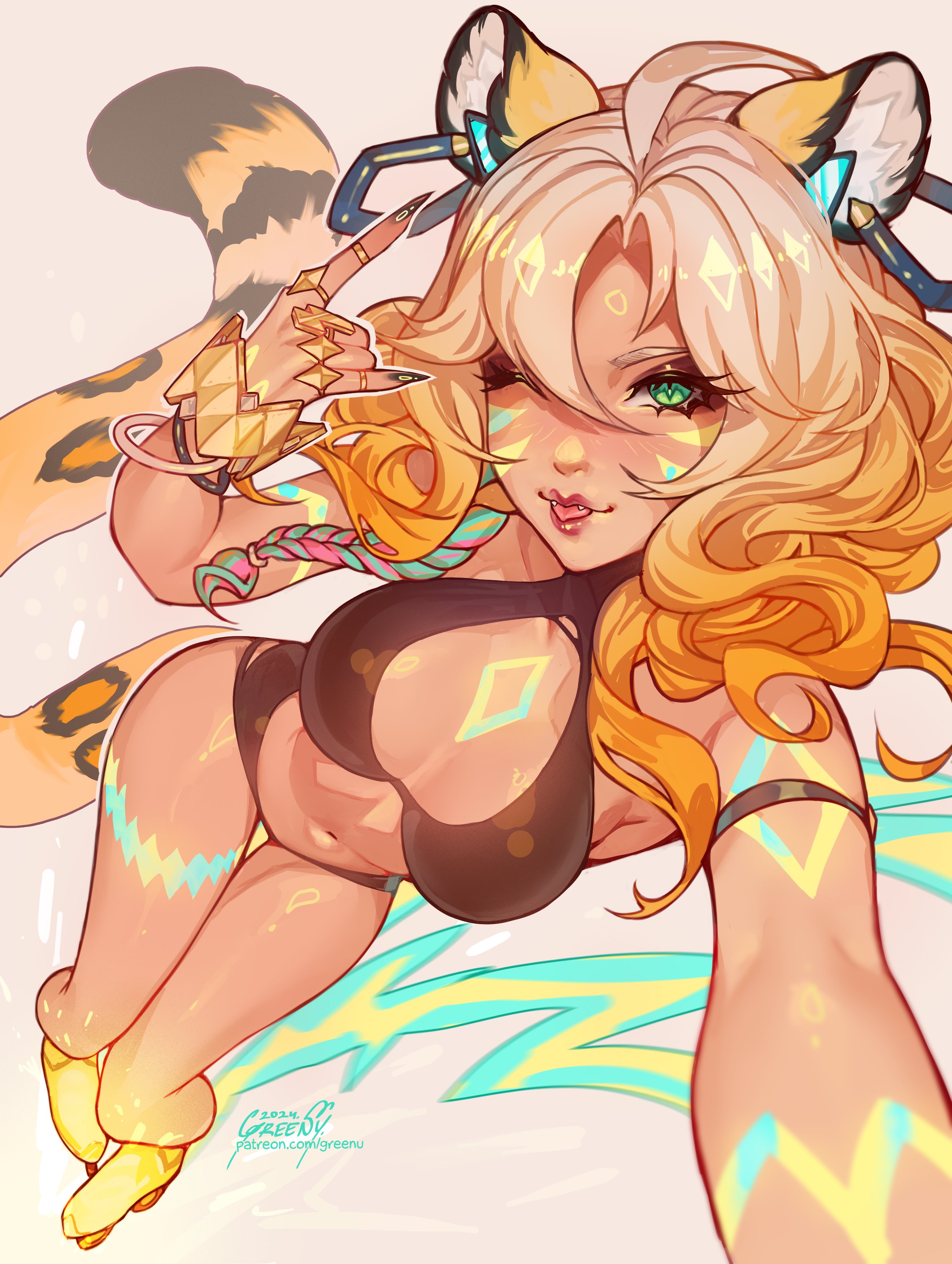 greenu, xilonen (genshin impact), genshin impact, absurdres, highres, 2024, n/, ahoge, alternate costume, animal ear fluff, animal ears, animal print, aqua hair, armlet, artist name, black nails, blonde hair, body markings, bracelet, braid, breasts, breasts apart, cleavage cutout, clothing cutout, contrapposto, criss-cross halter, dark-skinned female, dark skin, dutch angle, fingernails, foreshortening, from above, full body, green eyes, grey background, hair ornament, halterneck, inline skates, jaguar ears, jaguar girl, jaguar tail, jewelry, lightning bolt symbol, medium breasts, navel, one eye closed, orange hair, patreon username, pink hair, ring, roller skates, shiny skin, side braid, signature, simple background, single braid, skates, tail, thigh gap, watermark, wavy hair, web address