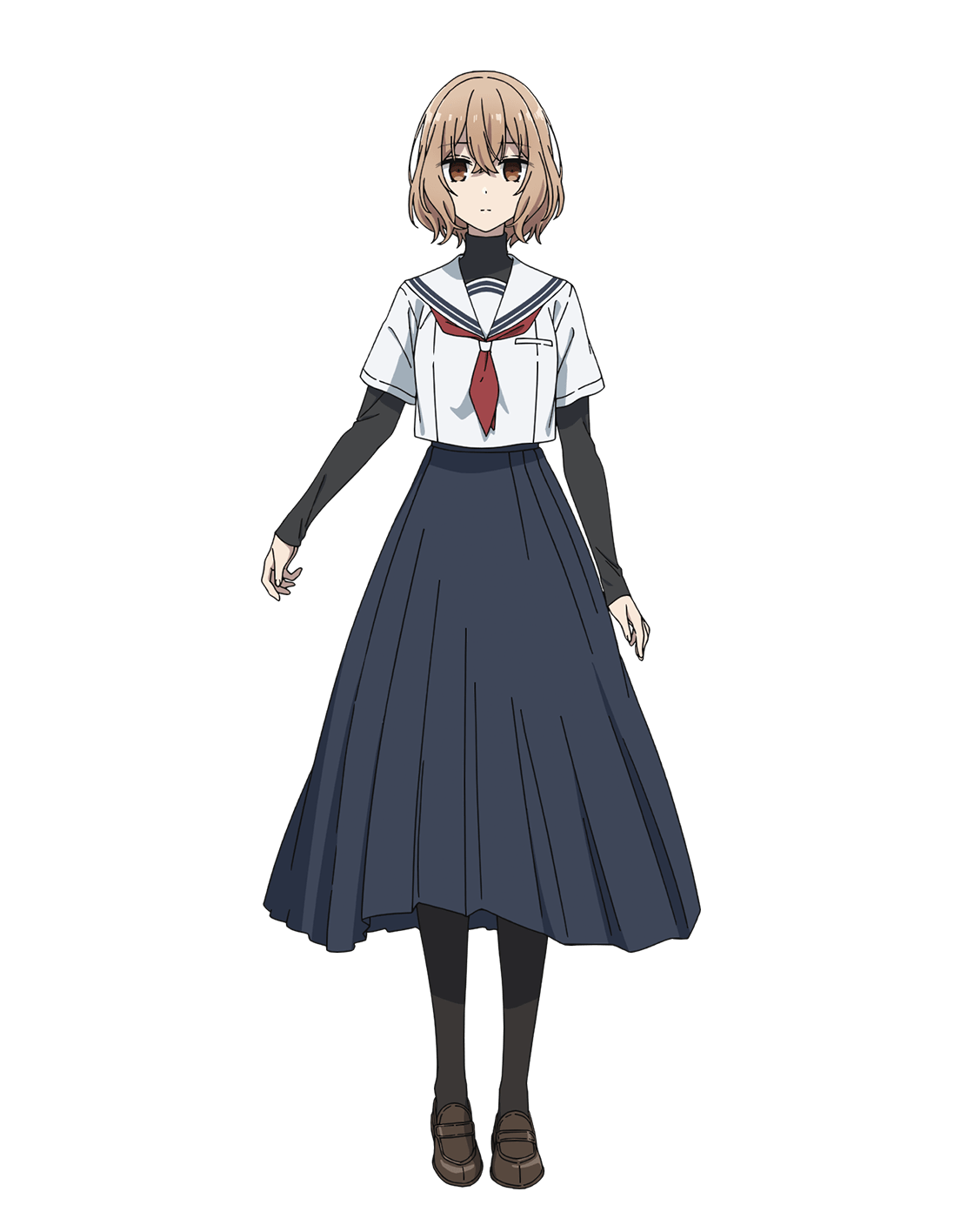 ikuyama sou, yaotose hinako, watashi wo tabetai hitodenashi, highres, official art, 1girl, anime coloring, black pantyhose, black shirt, black skirt, breasts, brown eyes, brown hair, brown shoes, closed mouth, crossed bangs, full body, hair between eyes, layered sleeves, loafers, long skirt, long sleeves, looking at viewer, medium breasts, neckerchief, pantyhose, pleated skirt, red neckerchief, sailor collar, school uniform, serafuku, shirt, shoes, short hair, short over long sleeves, short sleeves, simple background, skirt, solo, standing, transparent background, turtleneck, turtleneck shirt, white serafuku