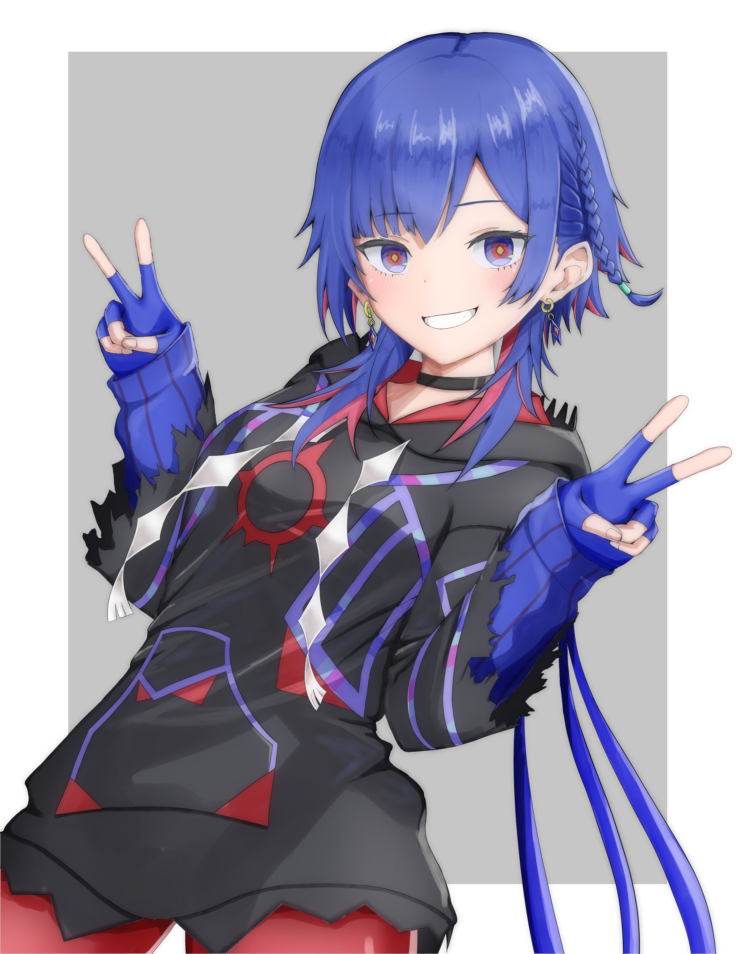 rim (kamitsubaki studio), kamitsubaki studio, absurdres, highres, 1girl, black choker, blue eyes, blue gloves, blue hair, choker, double v, earrings, fingerless gloves, gloves, hood, hoodie, jewelry, long hair, looking at viewer, mimeiflere, red eyes, red hair, red thighhighs, solo, standing, sweater, thighhighs, v