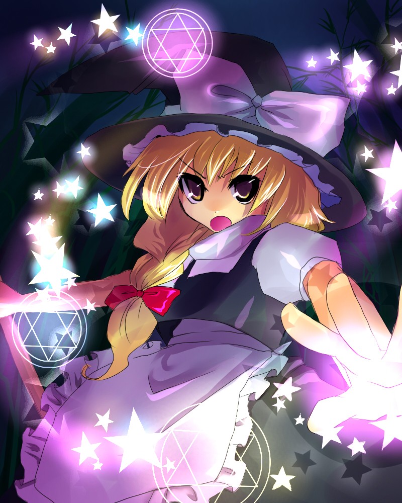 kobanzame, kirisame marisa, touhou, bad id, bad pixiv id, >:o, 1girl, :o, blonde hair, bow, braid, female focus, frown, hair bow, hat, hexagram, magic circle, open mouth, solo, star (symbol), v-shaped eyebrows, witch hat, yellow eyes