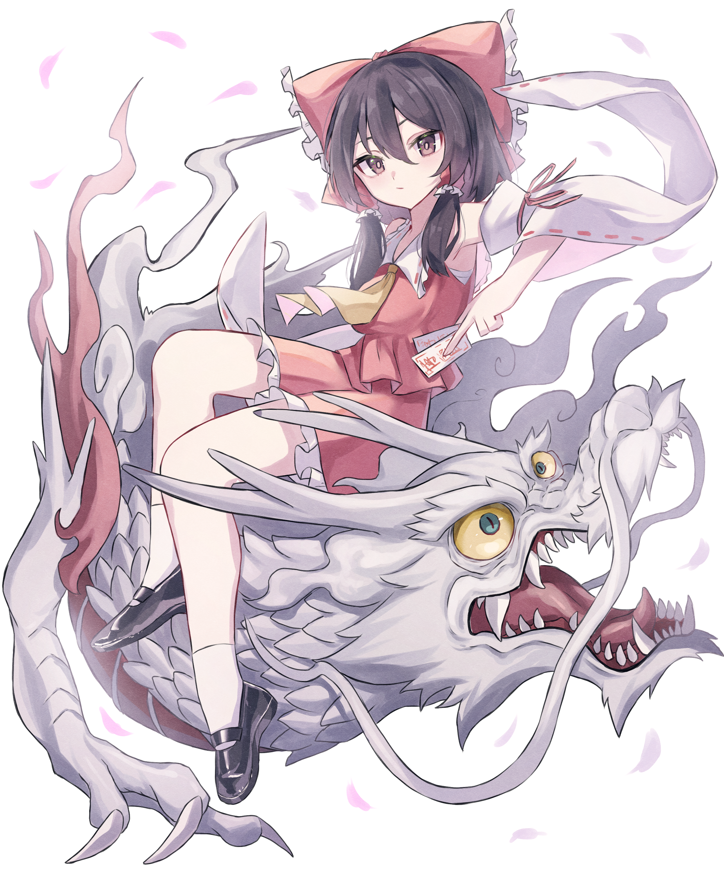 katsukare, hakurei reimu, touhou, absurdres, commentary request, highres, 1girl, ascot, between fingers, black shoes, bow, brown eyes, brown hair, colored sclera, detached sleeves, dragon, eastern dragon, frilled bow, frilled hair tubes, frilled skirt, frills, green eyes, grey scales, hair bow, hair tubes, holding, loafers, long hair, looking at viewer, ofuda, ofuda between fingers, open mouth, red bow, red skirt, ribbon-trimmed sleeves, ribbon trim, sharp teeth, shoes, skirt, skirt set, socks, solo, teeth, whiskers, white socks, yellow ascot, yellow sclera