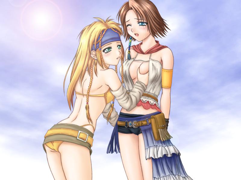 rikku (ff10), yuna, final fantasy, final fantasy x, final fantasy x-2, 00s, 2girls, ass, bikini, breasts, cloud, female focus, grabbing another's breast, groping, multiple girls, outdoors, panties, pantyshot, shorts, sky, standing, swimsuit, underwear, yuri