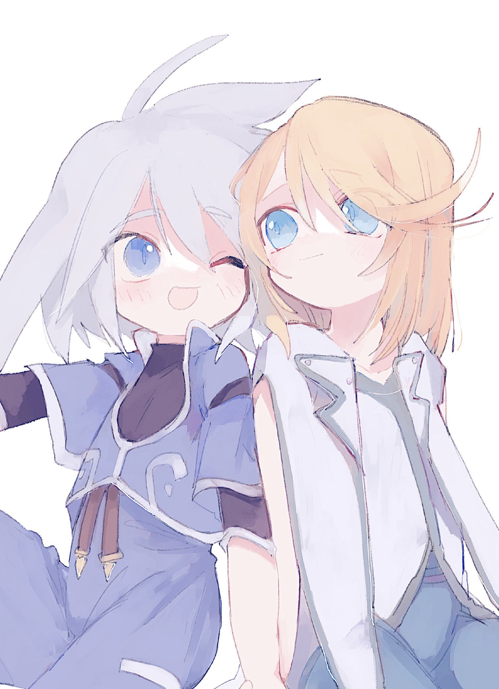 nancykittyu, genius sage, mithos yggdrasill, tales of (series), tales of symphonia, highres, black shirt, blonde hair, blue eyes, blue jacket, blue leggings, blue shorts, bracelet, cropped jacket, green trim, jacket, jewelry, leaning on person, leggings, long bangs, looking at another, one eye closed, shirt, shorts, sidelocks, simple background, undershirt, white background, white hair, white jacket, white shirt