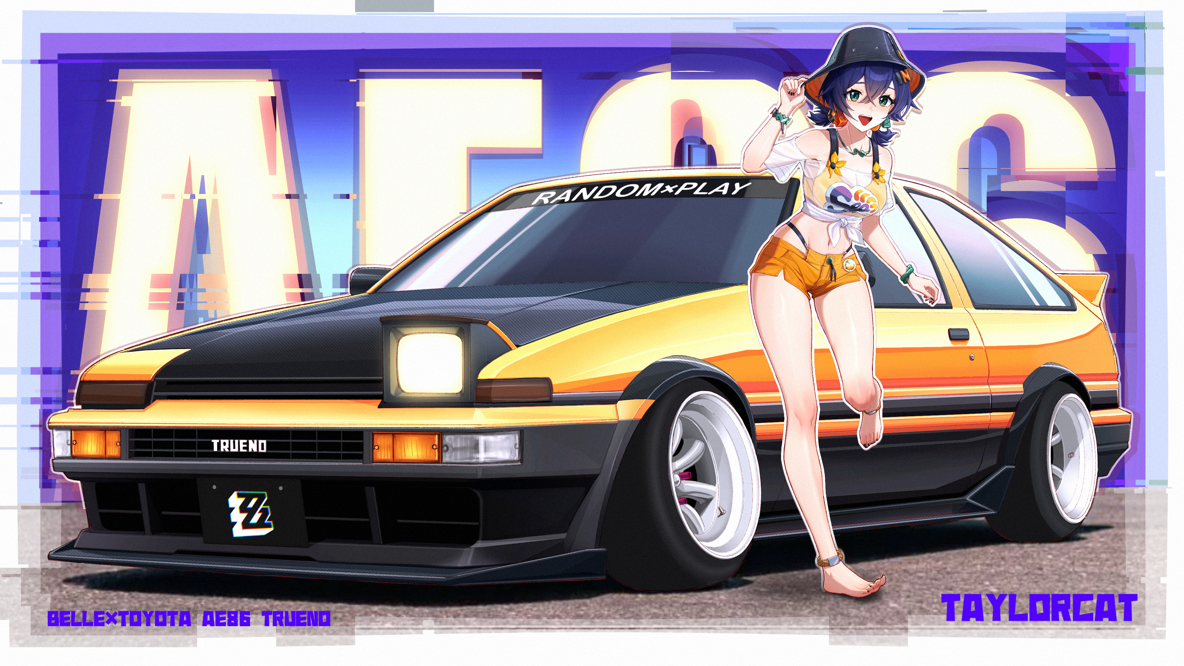 taylorcat, belle (summer skies) (zenless zone zero), belle (zenless zone zero), toyota, zenless zone zero, absurdres, commentary, highres, procreate (medium), 1girl, anklet, artist name, bare shoulders, barefoot, bikini, bikini under shorts, bikini visible through clothes, black hat, black nails, blue hair, border, breasts, car, character name, cleavage, collarbone, copyright logo, crossed bangs, green eyes, hair between eyes, hair ornament, hand on headwear, hand up, hat, inset border, jewelry, large breasts, legs, letter hair ornament, looking at viewer, low twintails, micro shorts, motor vehicle, nail polish, navel, necklace, off-shoulder shirt, off shoulder, official alternate costume, open mouth, orange bikini, orange shorts, pop-up headlights, shirt, short hair, short twintails, shorts, smile, solo, standing, standing on one leg, stomach, swimsuit, thighs, tied shirt, toenail polish, toenails, toyota sprinter trueno, twintails, upper body, vehicle name, white border, yellow car