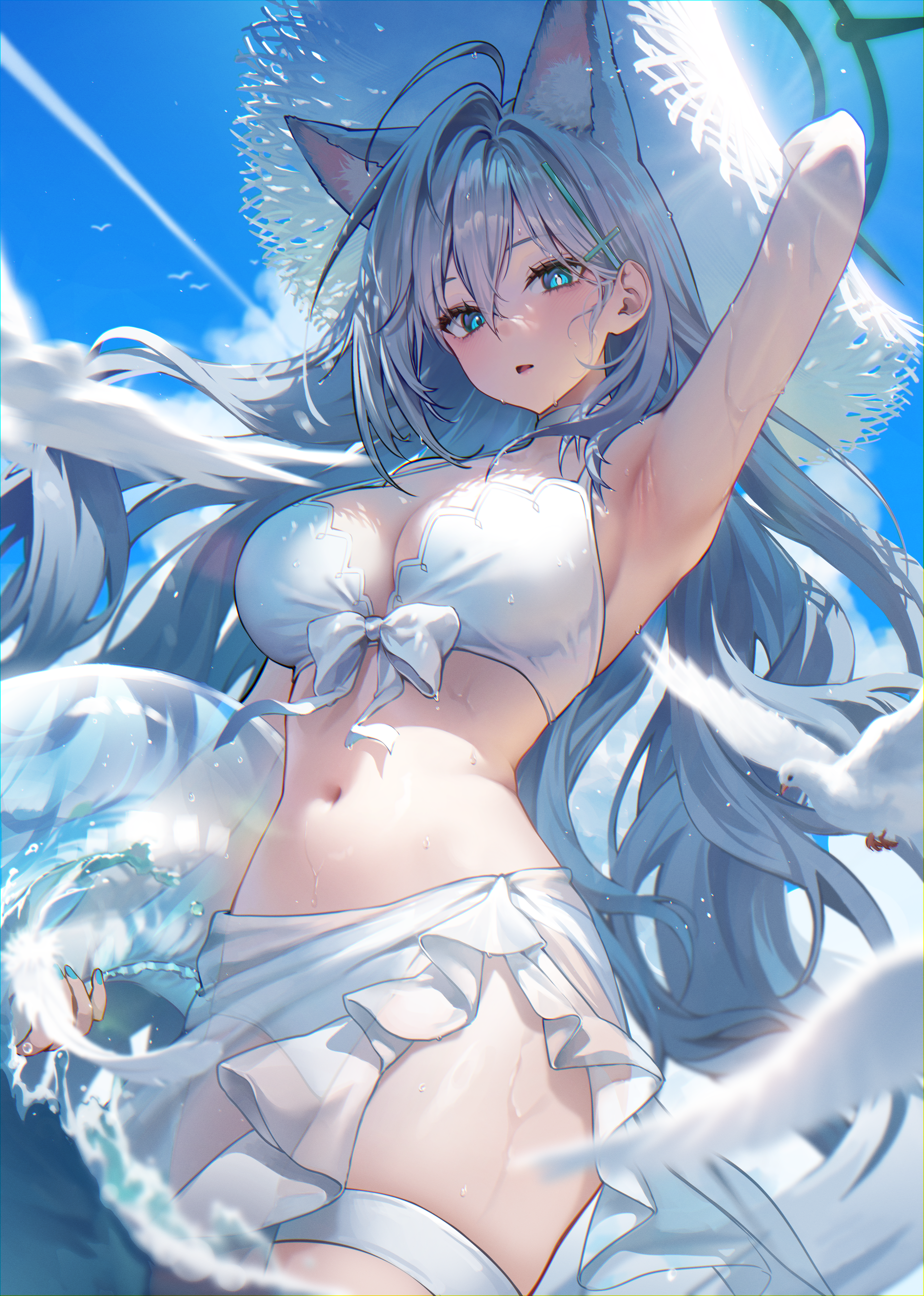 ayoni 623, shiroko terror (blue archive), blue archive, absurdres, commentary, highres, 1girl, ahoge, alternate costume, animal ears, arm up, armpits, bikini, blue nails, blue sky, blush, bow, bow bikini, breasts, cleavage, cross, cross hair ornament, dark halo, day, extra ears, grey hair, hair ornament, halo, halterneck, hand on headwear, hat, holding, holding swim ring, innertube, inverted cross, large breasts, long hair, looking at viewer, mismatched pupils, nail polish, navel, outdoors, parted lips, partially submerged, sarong, see-through clothes, see-through sarong, sky, solo, stomach, straw hat, string bikini, swim ring, swimsuit, thigh strap, very long hair, wet, white bikini, white bow, white hat, white sarong, wolf ears