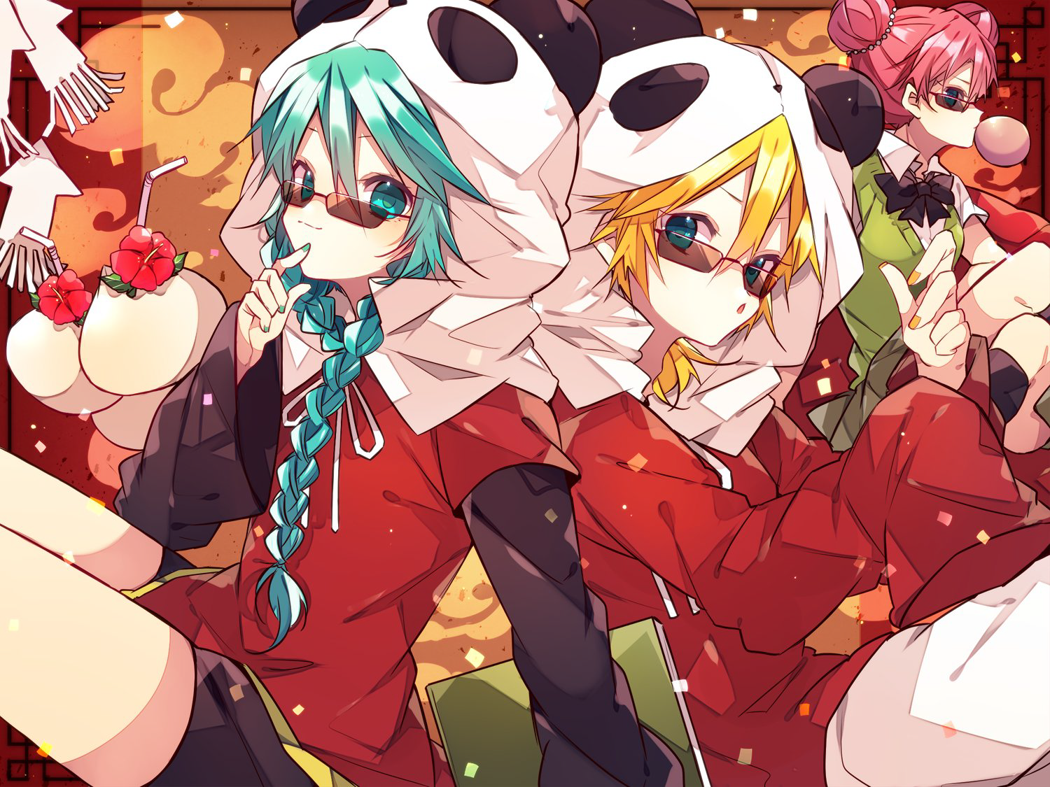 kaho 0102, hatsune miku, kagamine len, megurine luka, vocaloid, commentary request, 1boy, 2girls, :o, animal hood, black bow, black bowtie, black shorts, blonde hair, blue eyes, blue nails, bow, bowtie, braid, closed mouth, collared shirt, double-parted bangs, double bun, front braid, green sweater, hair between eyes, hair bun, holding, holding notebook, hood, hood up, jacket, layered sleeves, long hair, long sleeves, looking at viewer, multiple girls, nail polish, notebook, open mouth, panda hood, pants, pink hair, red jacket, shirt, short hair, short over long sleeves, short sleeves, shorts, single braid, smile, sunglasses, sweater, white pants, white shirt, yellow nails