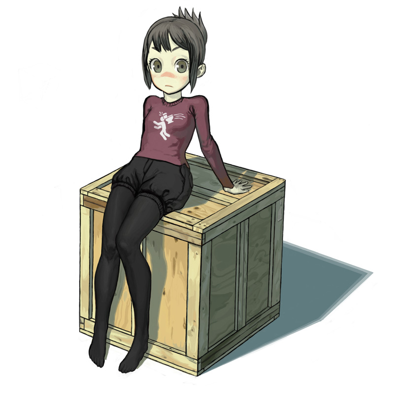nababa, half-life, half-life (series), half-life 2, original, bad id, bad pixiv id, 1girl, black hair, box, crate, feet, female focus, on box, pantyhose, short shorts, shorts, sitting, sitting on box, solo, tareme