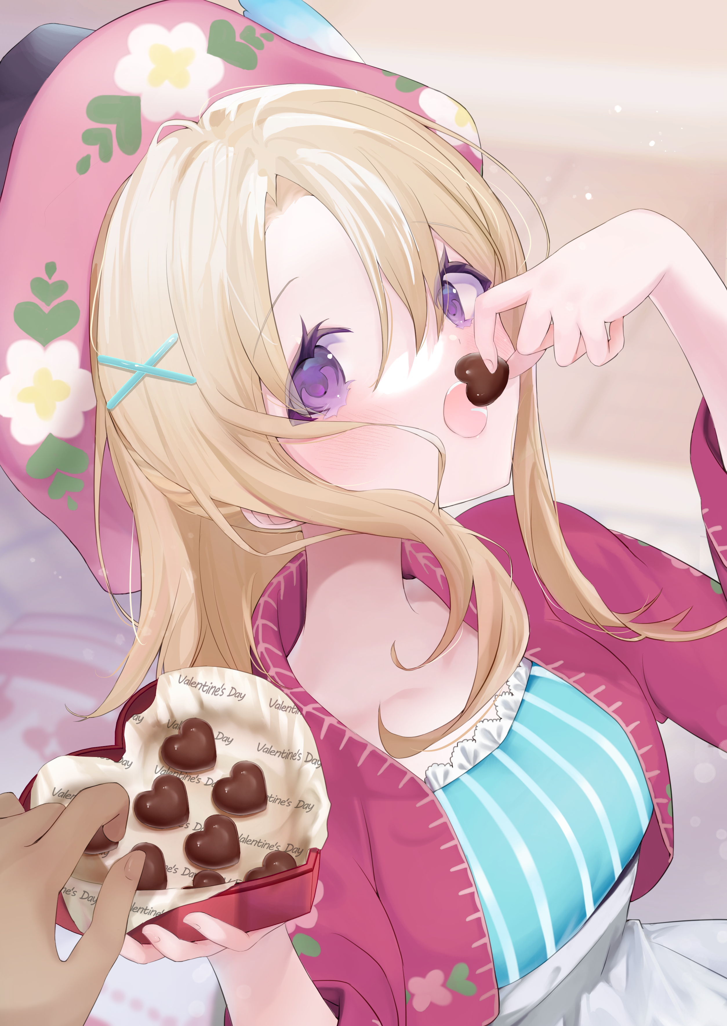 karakuri mai, bokujou monogatari, absurdres, highres, 1girl, blonde hair, blue shirt, bokujou monogatari: youkoso! kaze no bazaar e, box, candy, chocolate, chocolate heart, collarbone, cropped jacket, curtained hair, dark skin, eating, floral print headwear, floral print jacket, food, from above, hair between eyes, hair ornament, hairpin, hand up, haruka (bokujou monogatari), hat, hat feather, heart, heart-shaped box, heart-shaped food, holding, holding chocolate, holding food, jacket, lace, lace-trimmed shirt, lace trim, light particles, long hair, looking at viewer, looking up, open mouth, out of frame, pink hat, pink jacket, ponytail, pov, pov hands, purple eyes, shirt, sidelocks, solo focus, striped clothes, striped shirt, three-quarter sleeves, tyrolean hat, valentine, white shirt, x hair ornament