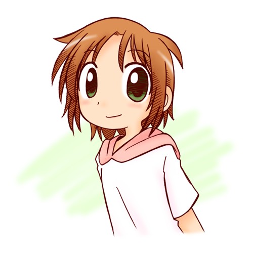 marunos, lowres, 1girl, brown hair, female focus, green eyes, hood, hoodie, solo