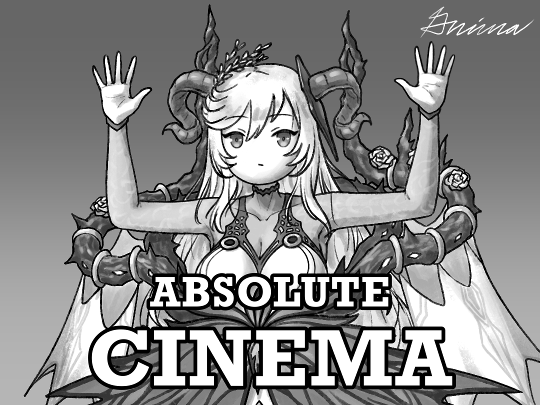 grimaisbestwaifu, freyja (fire emblem), 1girl, absolute cinema (meme), bare shoulders, breasts, curled horns, dress, english text, goat horns, greyscale, hands up, horns, layered dress, long hair, looking at viewer, meme, monochrome, solo, thorns, upper body