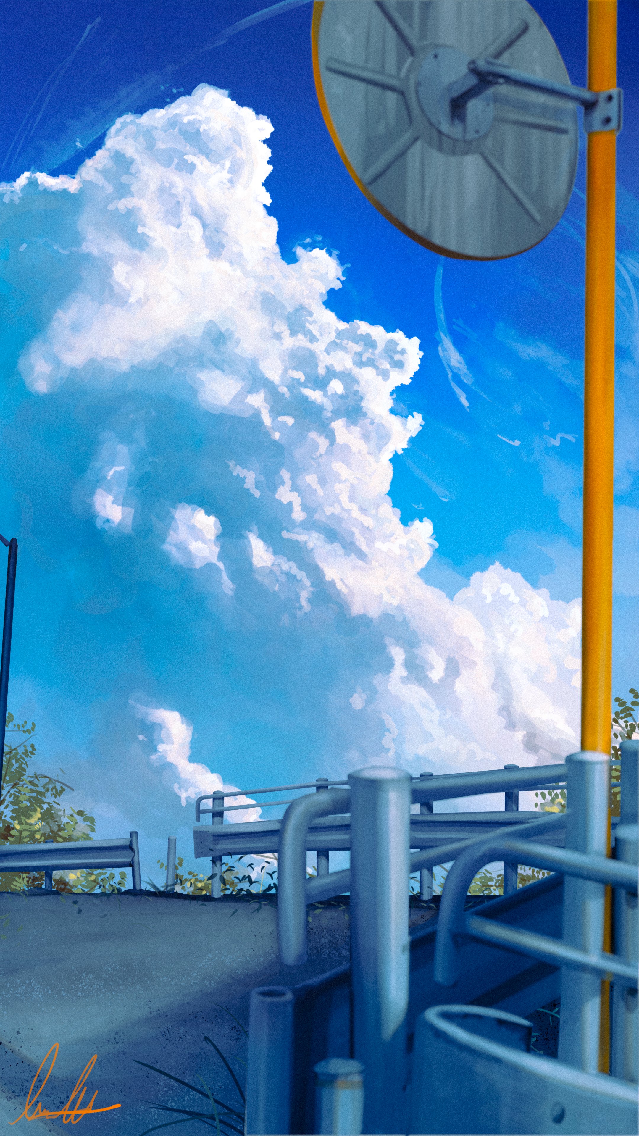 banishment, original, absurdres, commentary request, highres, blue sky, cloud, cloudy sky, cumulonimbus cloud, day, guard rail, no humans, outdoors, road, scenery, signature, sky, traffic mirror