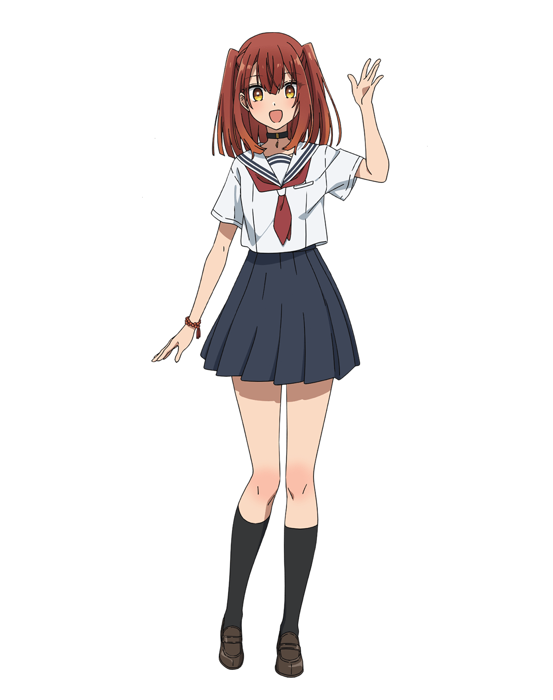 ikuyama sou, yashiro miko, watashi wo tabetai hitodenashi, highres, official art, 1girl, :d, anime coloring, black choker, black skirt, black socks, blush, breasts, brown hair, brown shoes, choker, crossed bangs, full body, hand up, loafers, looking at viewer, medium breasts, medium hair, neckerchief, open hand, open mouth, pleated skirt, red neckerchief, sailor collar, school uniform, serafuku, shirt, shoes, short hair, short sleeves, simple background, skirt, smile, socks, solo, standing, transparent background, two side up, white serafuku, yellow eyes