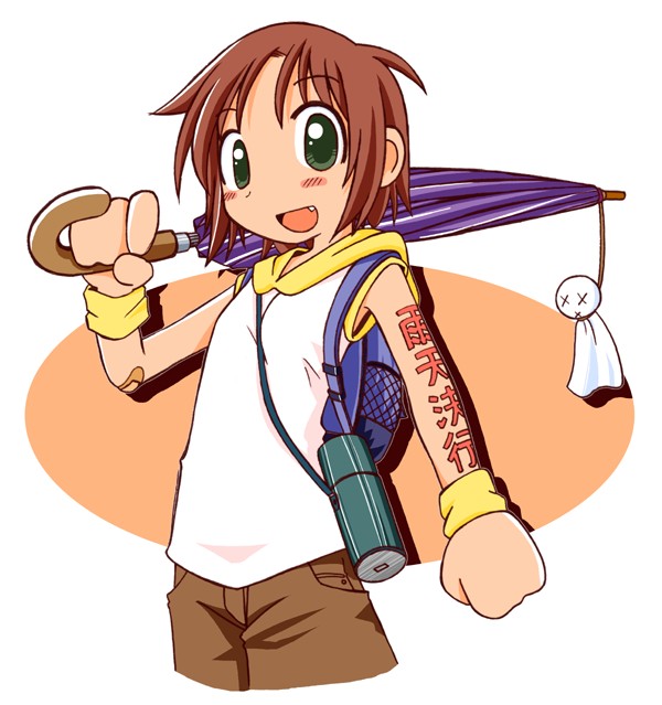 marunos, 1girl, :d, backpack, bag, bandaid, blush, body writing, brown hair, closed umbrella, cowboy shot, fang, female focus, green eyes, hood, hood down, hoodie, open mouth, over shoulder, randoseru, short hair, sleeveless, sleeveless hoodie, smile, solo, teruterubouzu, umbrella, wristband