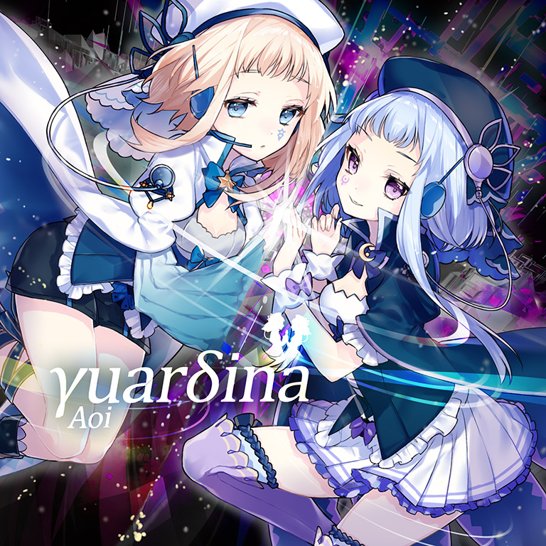 sogawa, eto (arcaea), luna (arcaea), arcaea, non-web source, 2girls, :o, beret, black bow, black cape, black hat, black ribbon, black shirt, black shoes, black shorts, blonde hair, blue bow, blue eyes, blue shirt, boots, bow, buttons, cable, cape, crescent, curly hair, expressionless, facial tattoo, feet out of frame, frilled sleeves, frilled thighhighs, frills, grin, hat, large buttons, layered skirt, leg ribbon, long hair, long sleeves, miniskirt, multiple girls, pleated skirt, purple boots, purple bow, purple eyes, purple skirt, purple thighhighs, ribbon, scissors, shirt, shoes, short hair, shorts, siblings, skirt, smile, star (symbol), star tattoo, straight hair, tattoo, thigh boots, thigh strap, thighhighs, twins, white bow, white cape, white hair, white hat, wrist cuffs, yuri