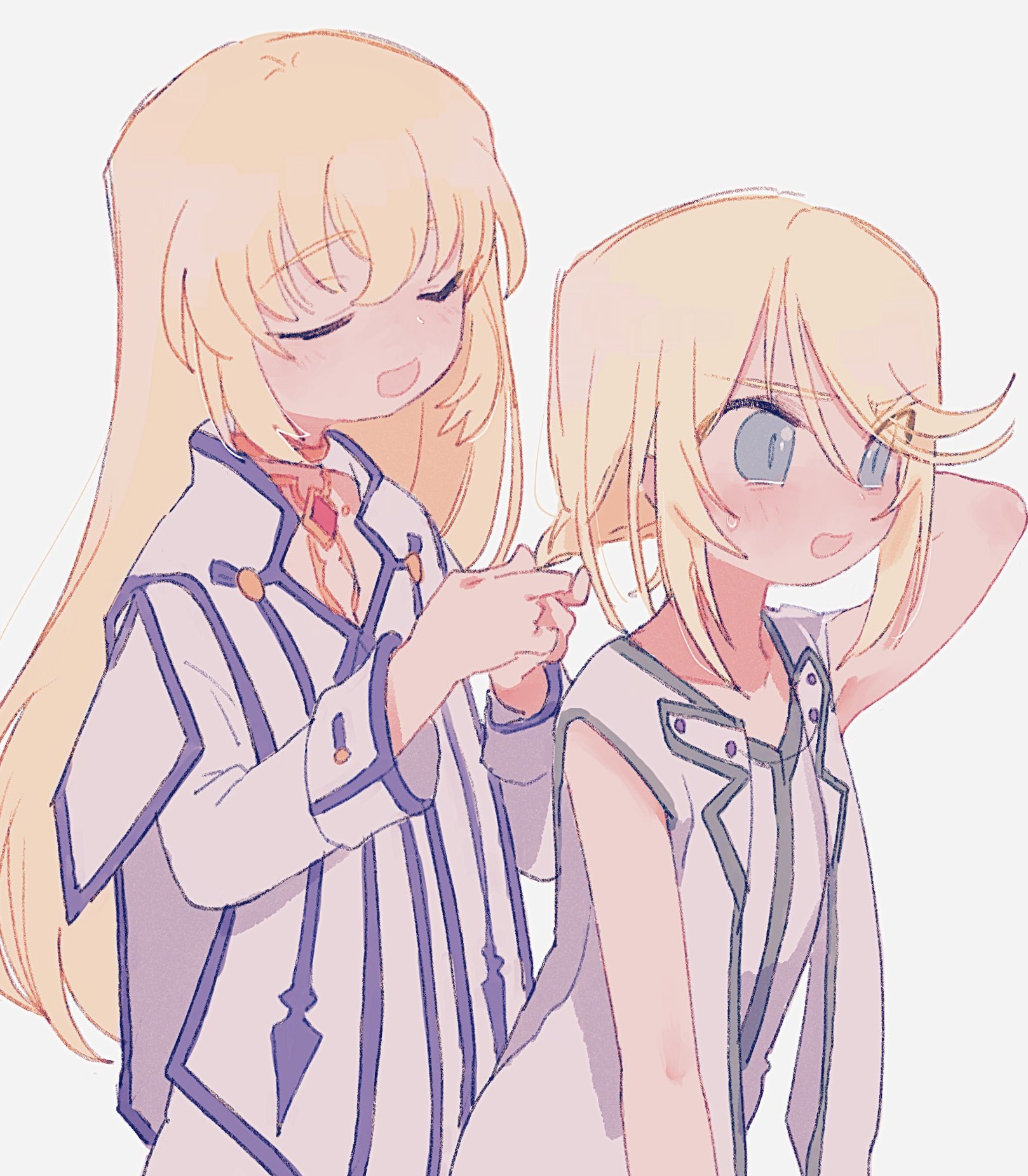 nancykittyu, colette brunel, mithos yggdrasill, tales of (series), tales of symphonia, highres, arm up, blonde hair, blue eyes, blue trim, blush, braiding another's hair, chest jewel, closed eyes, dress, embarrassed, gold choker, jacket, long hair, open mouth, shirt, simple background, smile, tearing up, tears, white background, white dress, white jacket, white shirt