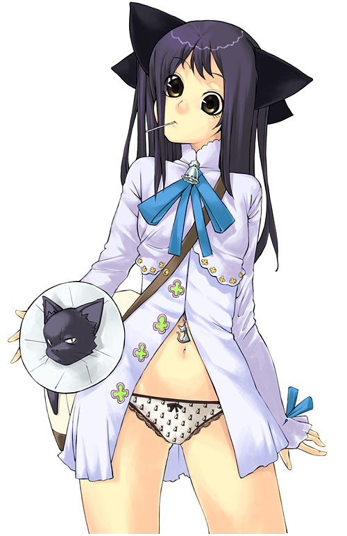 nabeshiki, nabeshiki (rakuneko yashiki), 1girl, animal print, bell, bow, bow panties, cat, cat print, cowboy shot, female focus, long hair, mouth hold, no pants, panties, print panties, purple hair, simple background, solo, underwear, white background, yellow eyes