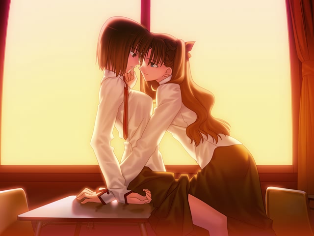 takeuchi takashi, mitsuzuri ayako, tohsaka rin, fate/stay night, fate (series), game cg, non-web source, 00s, 2girls, eye contact, homurabara academy school uniform, imminent kiss, leg between thighs, long hair, looking at another, multiple girls, school uniform, serafuku, shirt, short hair, thighs, twintails, two side up, white shirt, yuri