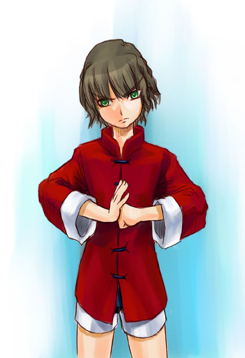 arima miyako, melty blood, tsukihime, type-moon, gender request, non-web source, 00s, 1girl, angry, black hair, blue background, curly hair, female focus, genderswap, green eyes, solo