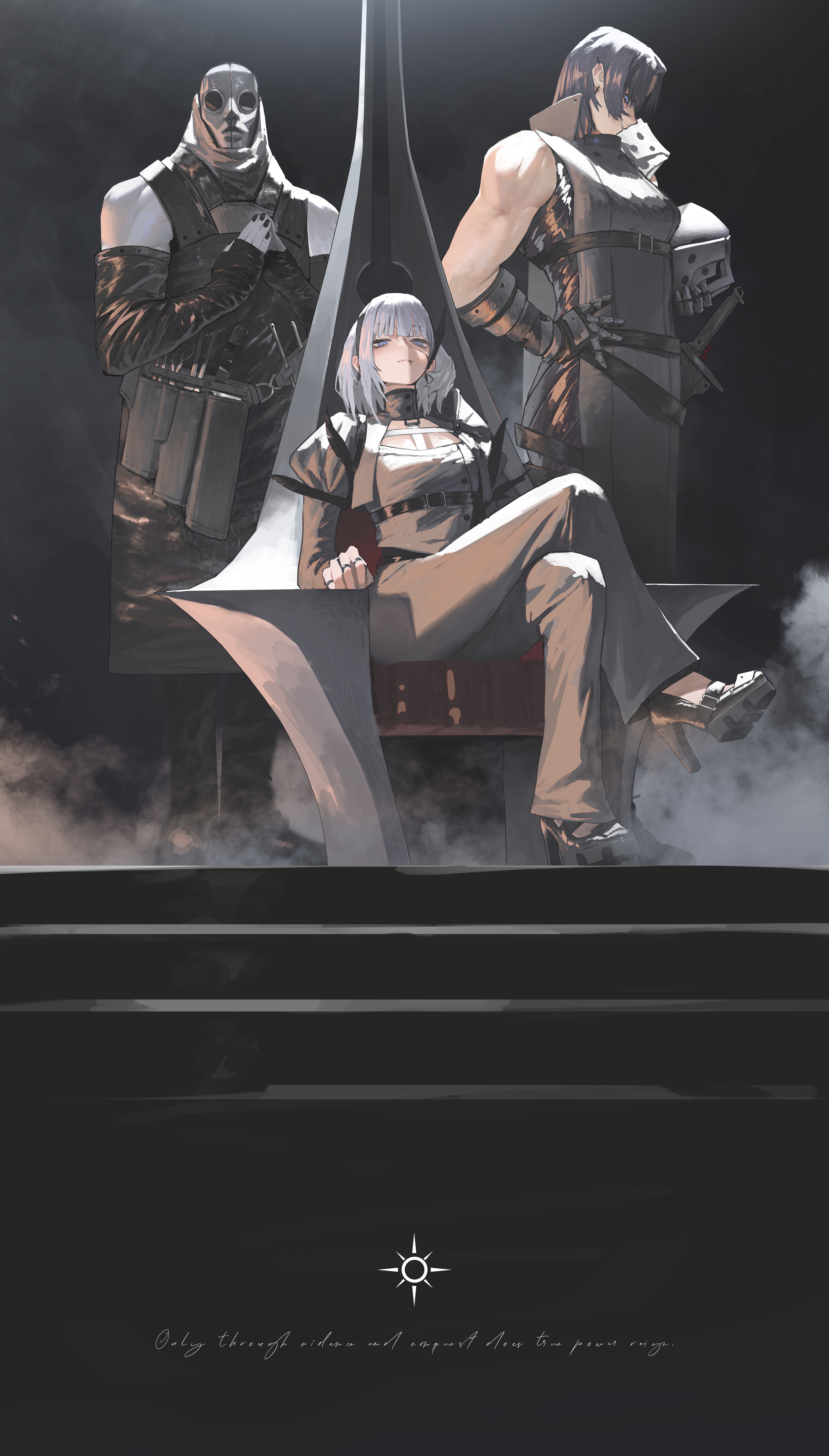 jin yu0810, original, absurdres, commentary, highres, 1girl, 2boys, apron, armor, armored gloves, bare shoulders, belt, black apron, black background, black belt, black gloves, black hair, black jacket, black nails, black pants, black shirt, black shoes, black sleeves, blue eyes, cleavage cutout, clothing cutout, crossed legs, ear piercing, elbow gloves, english text, fingerless gloves, fog, gloves, helmet, high heels, holding, holding unworn helmet, jacket, jewelry, long sleeves, looking at viewer, mask, medium hair, multiple boys, nail polish, open clothes, open jacket, pants, parted lips, piercing, puffy sleeves, ring, scabbard, scar, scar on face, scar on lip, sheath, shirt, shoes, sidelocks, simple background, sitting, sitting on throne, stairs, standing, straight hair, sword, throne, unworn headwear, unworn helmet, weapon, white hair