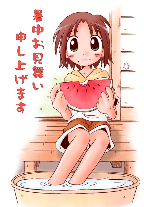 marunos, translated, 1girl, brown hair, female focus, food, fruit, green eyes, holding, holding food, holding fruit, holding watermelon, shochuumimai, short hair, solo, summer, water, watermelon