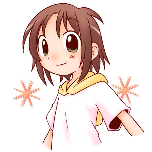 marunos, lowres, 1girl, brown hair, female focus, green eyes, looking at viewer, shirt, short sleeves, simple background, solo, t-shirt, upper body, white background