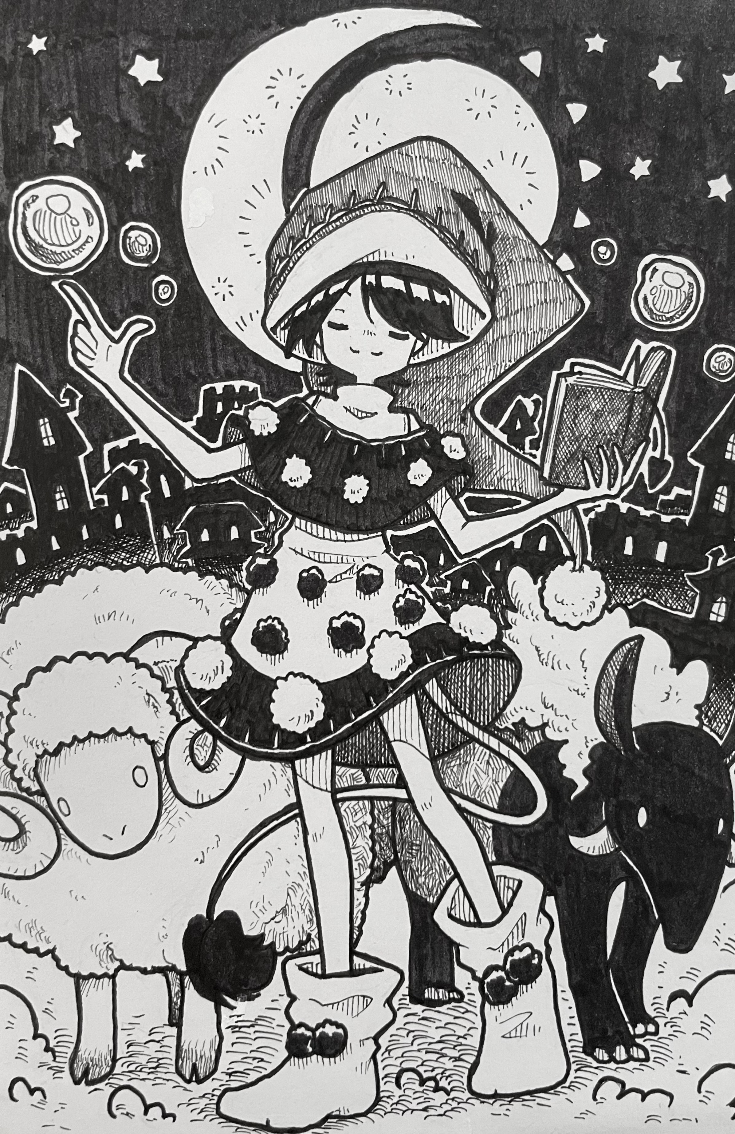 suteruko, doremy sweet, touhou, absurdres, commentary request, highres, traditional media, 1girl, baku (creature), blob, book, boots, closed eyes, closed mouth, dream soul, facing viewer, greyscale, hat, holding, holding book, horns, monochrome, nightcap, open book, pom pom (clothes), sheep, smile, solo, tail, tapir tail