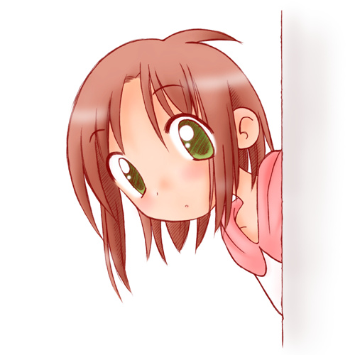 marunos, lowres, tagme, 1girl, female focus, peeking out, simple background, solo, white background
