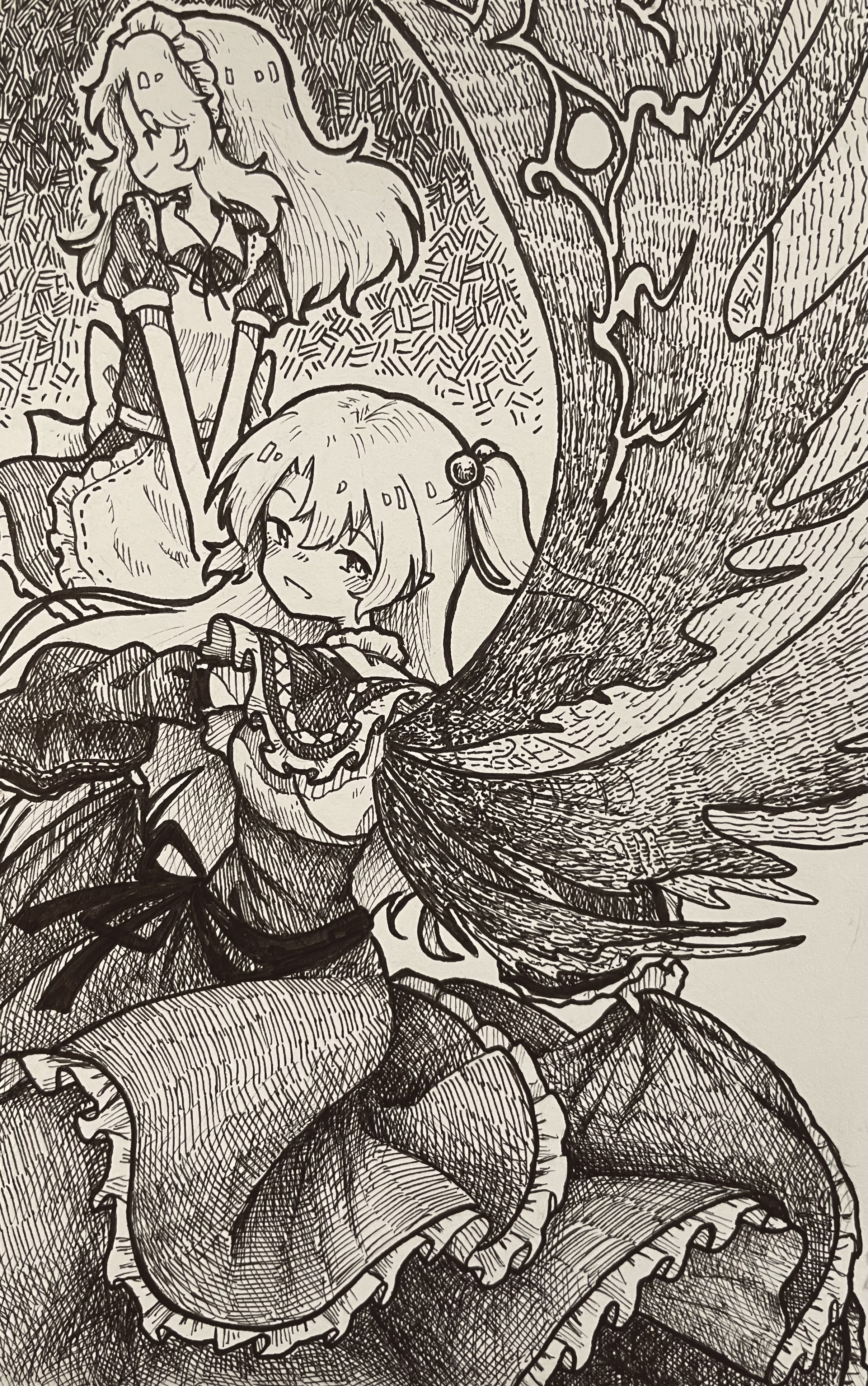 suteruko, shinki (touhou), yumeko (touhou), touhou, touhou (pc-98), absurdres, commentary request, highres, traditional media, 2girls, apron, capelet, greyscale, hair bobbles, hair ornament, long hair, long sleeves, looking at viewer, maid, maid apron, maid headdress, monochrome, multiple girls, multiple wings, one side up, open mouth, puffy short sleeves, puffy sleeves, short sleeves, skirt hold, smile, very long hair, wide sleeves, wings