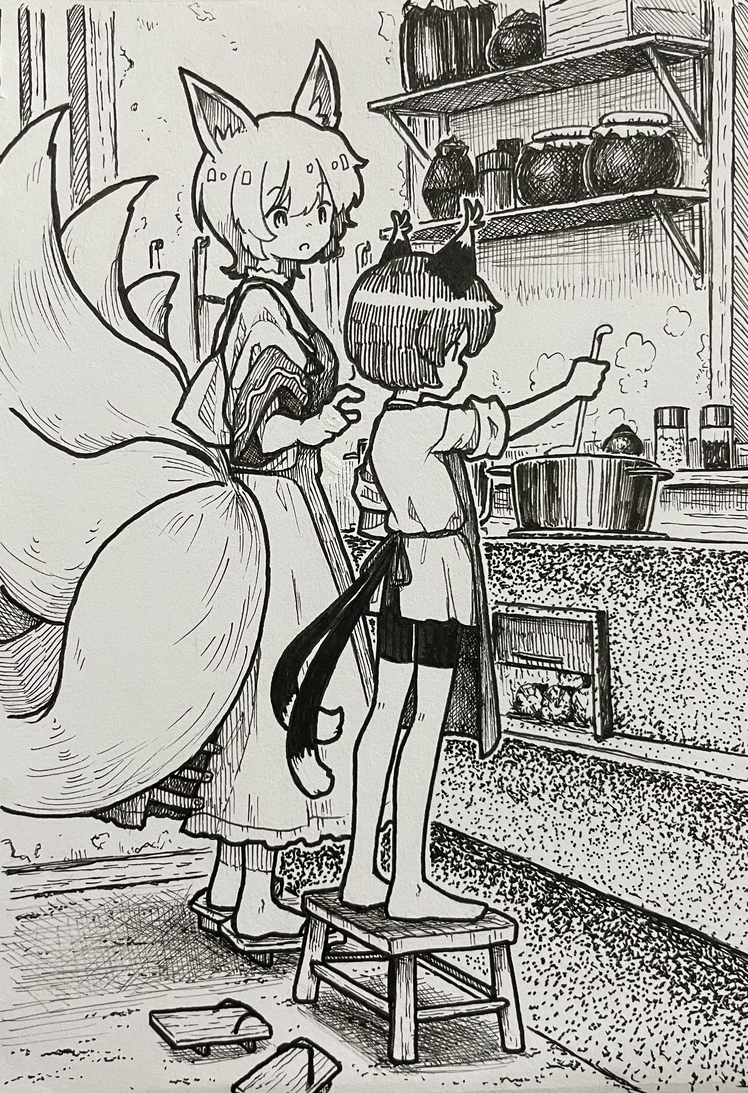suteruko, chen, yakumo ran, touhou, absurdres, commentary request, highres, traditional media, 2girls, alternate costume, animal ear fluff, animal ears, barefoot, cat ears, cat tail, cooking, cooking pot, dress, firewood, fox ears, fox tail, geta, holding, holding ladle, kitsune, ladle, long sleeves, monochrome, multiple girls, multiple tails, nekomata, no headwear, on stool, open mouth, short hair, slice of life, stool, stove, tail, two tails, wood-burning stove, wooden stool