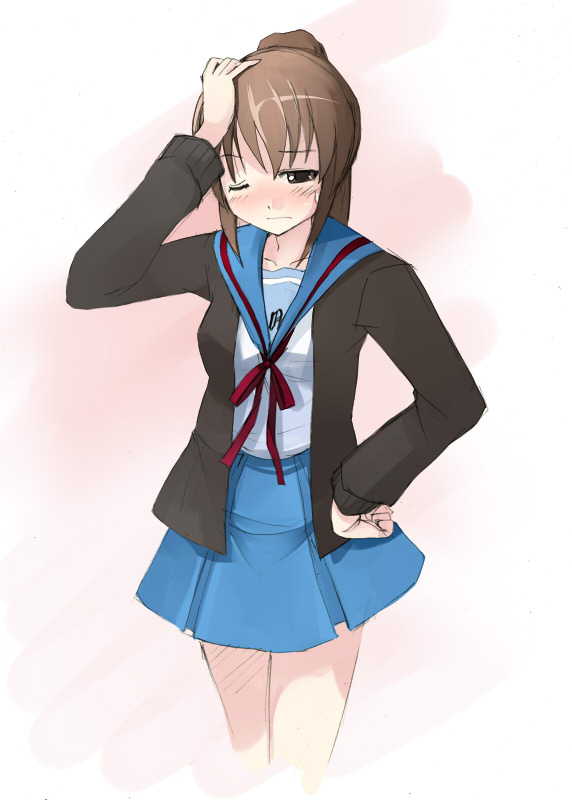 seo tatsuya, kyon, kyonko, suzumiya haruhi no yuuutsu, gender request, 00s, 1girl, cardigan, female focus, genderswap, gradient background, ponytail, school uniform, serafuku, solo