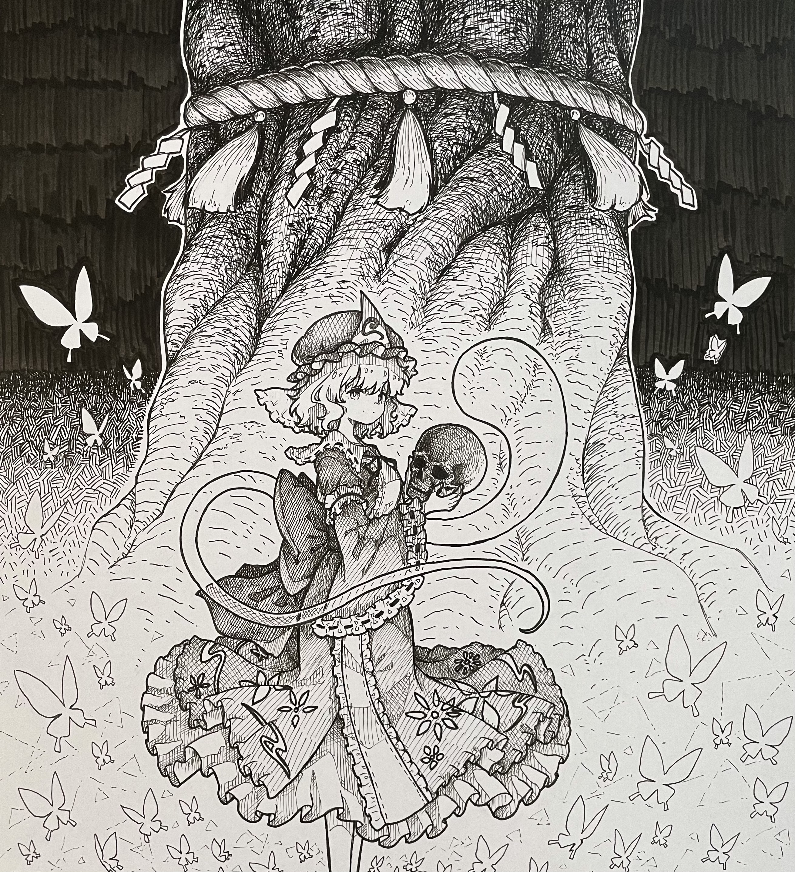 suteruko, saigyou ayakashi, saigyouji yuyuko, touhou, absurdres, commentary request, highres, traditional media, 1girl, bug, butterfly, closed mouth, frilled kimono, frilled sleeves, frills, greyscale, hat, hitodama, holding, holding skull, insect, japanese clothes, kimono, long sleeves, looking at viewer, mob cap, monochrome, neck ribbon, ribbon, rope, shide, shimenawa, skull, sleeve garter, smile, solo, split mouth, tree, triangular headpiece, wide sleeves