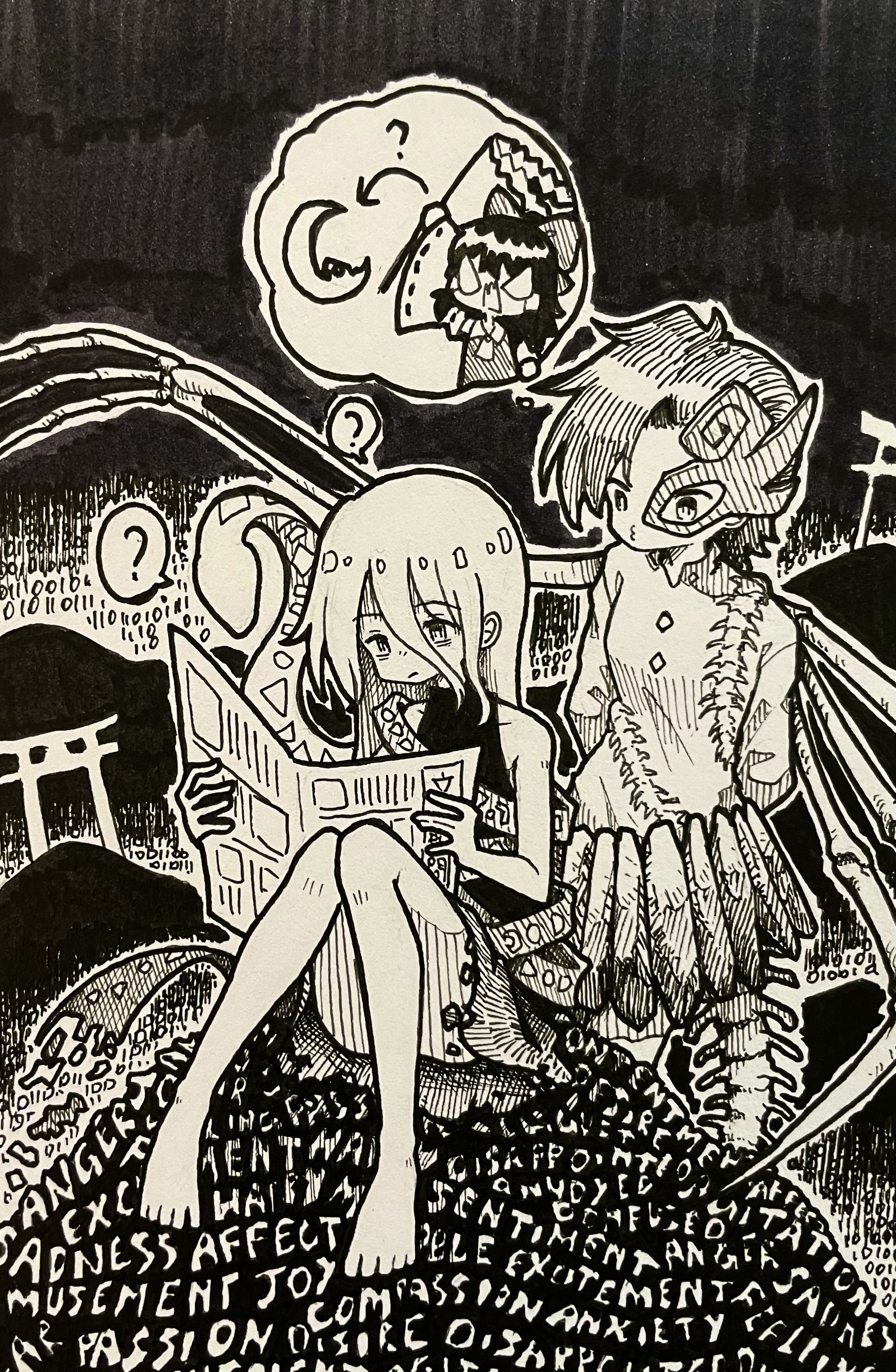 suteruko, hakurei reimu, iwanaga ariya, yuiman asama, touhou, absurdres, commentary request, highres, traditional media, 3girls, ?, ascot, asymmetrical wings, barefoot, bow, detached sleeves, dress, gohei, greyscale, hair between eyes, hair bow, hair tubes, half mask, holding, holding gohei, holding newspaper, long hair, long sleeves, mask, mask over one eye, monochrome, multiple girls, newspaper, reading, ribbon-trimmed sleeves, ribbon around body, ribbon trim, skeletal tail, skeletal wings, sleeveless, spoken character, spoken question mark, toes, torii, turtleneck, turtleneck dress, wings