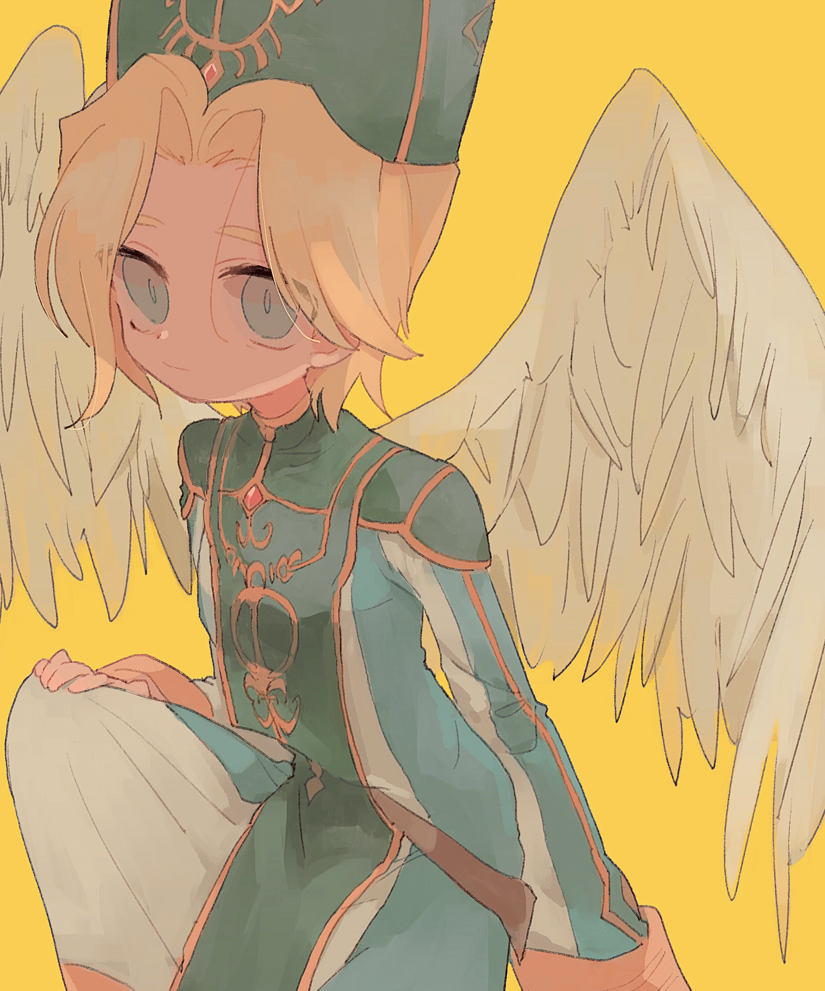 nancykittyu, tales of (series), tales of symphonia, absurdres, highres, angel wings, belt, blonde hair, brown belt, curtained hair, green robe, hat, looking at viewer, mitre, priest, remiel (tales), robe, simple background, wavy hair, wings, yellow background