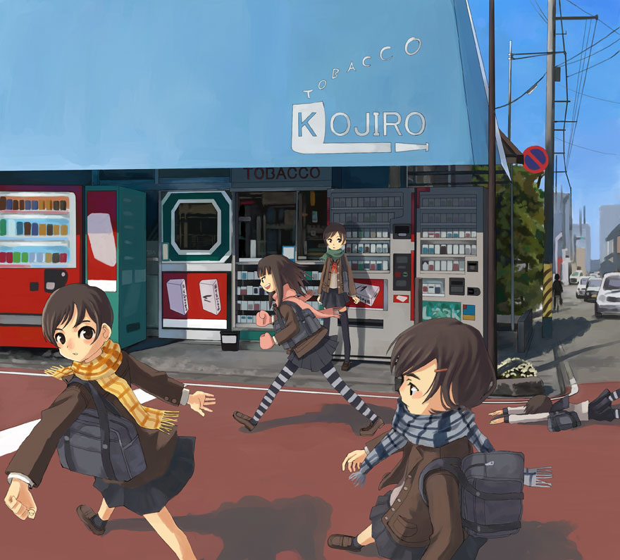 yamamoto shima, original, striped legwear, 5girls, faceplant, multiple girls, pantyhose, plaid clothes, plaid scarf, scarf, school uniform, serafuku, shibahime kyou, shop, striped clothes, striped pantyhose, thighhighs, vending machine