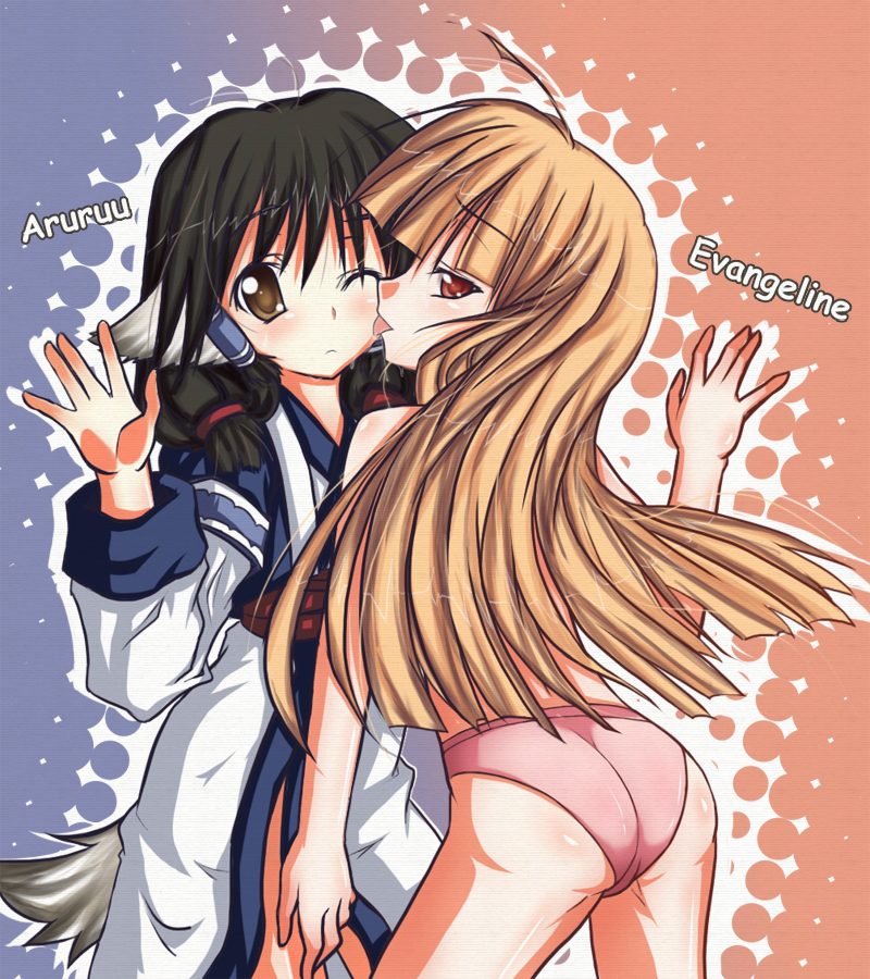kouken, aruruu, evangeline a.k. mcdowell, mahou sensei negima!, utawarerumono, 00s, 2girls, animal ears, blonde hair, character name, crossover, dog ears, japanese clothes, licking, multiple girls, panties, red eyes, underwear, vampire, yuri