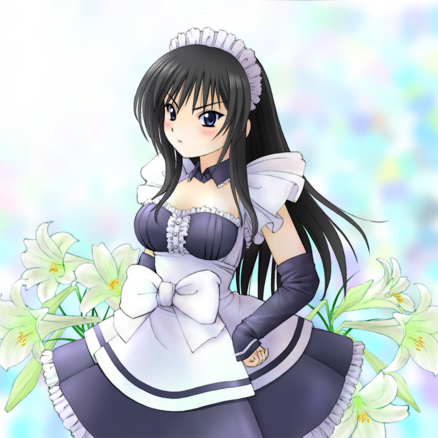 kusunoki masashige, kotegawa yui, to love-ru, 00s, black hair, blush, collar, detached collar, flower, long hair, maid, solo, tsundere
