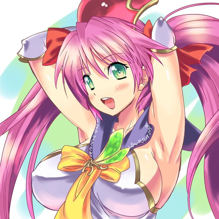 shinozuka atsuto, reco, cave (developer), mushihime-sama, mushihime-sama futari, 1girl, armpits, arms behind back, arms behind head, blue sailor collar, blush, bow, breasts, brooch, covered erect nipples, elbow gloves, female focus, gloves, green eyes, headdress, jewelry, large breasts, long hair, open mouth, pink hair, sailor collar, sideboob, solo, twintails, upper body, wing brooch, yellow bow