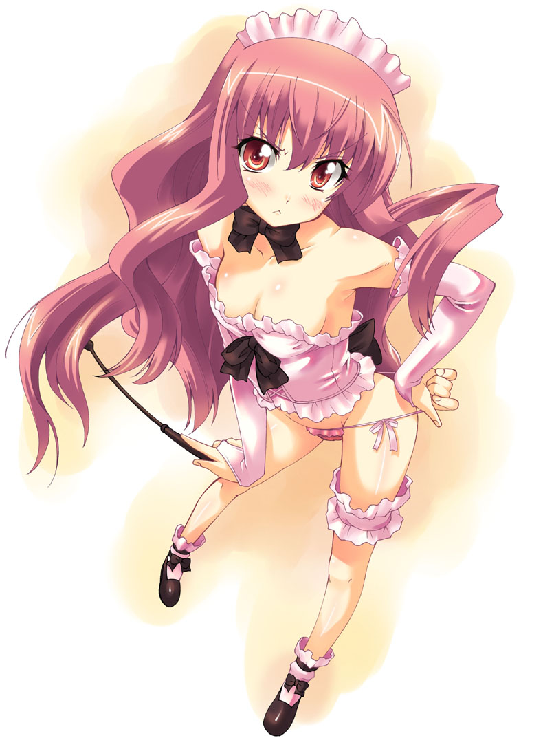 shinozuka atsuto, louise francoise le blanc de la valliere, zero no tsukaima, 00s, 1girl, :<, artistic error, bare shoulders, breasts, bridal gauntlets, cleavage, detached sleeves, elbow gloves, female focus, frilled thigh strap, from above, frown, gloves, lingerie, looking at viewer, lowleg, lowleg panties, panties, perspective, riding crop, solo, thigh strap, underwear