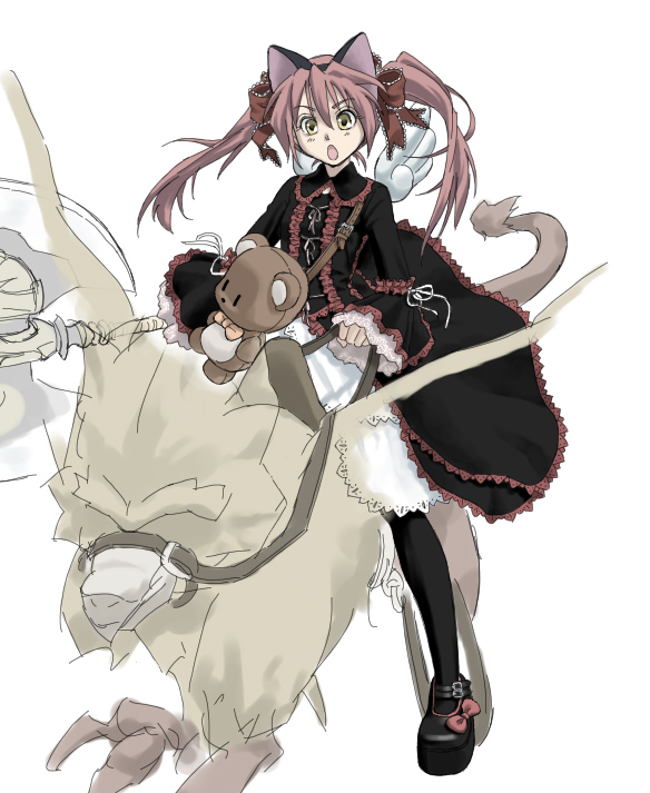 you2, emilia, emilia (yggdra union), yggdra union, 1girl, animal, animal ears, bow, cat ears, female focus, gothic lolita, hair bow, lolita fashion, solo, stuffed animal, stuffed toy, teddy bear, twintails, wings
