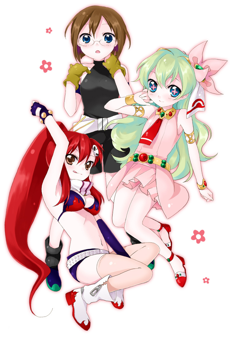 namori, kinon bachika, nia teppelin, yoko littner, tengen toppa gurren lagann, + +, 00s, 3girls, armlet, belt, bikini, bikini top only, boots, bracelet, brown hair, cross-shaped pupils, dress, fingerless gloves, flower, glasses, gloves, hair flower, hair ornament, jewelry, long hair, multicolored hair, multiple girls, pink dress, pink skirt, pink thighhighs, ponytail, red hair, scarf, short hair, shorts, simple background, skirt, swimsuit, symbol-shaped pupils, thighhighs, white background