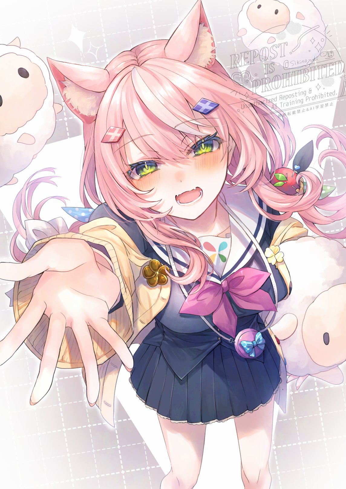 shikino yuki, yang nari, yang nari (1st costume), nijisanji, nijisanji kr, highres, 1girl, animal ears, blue skirt, blush, cardigan, cat ears, green eyes, hair ornament, long hair, long sleeves, looking at viewer, low twintails, multicolored hair, open cardigan, open clothes, open mouth, pink hair, sailor collar, school uniform, skirt, smile, solo, streaked hair, twintails, virtual youtuber, white hair, white sailor collar, yellow cardigan