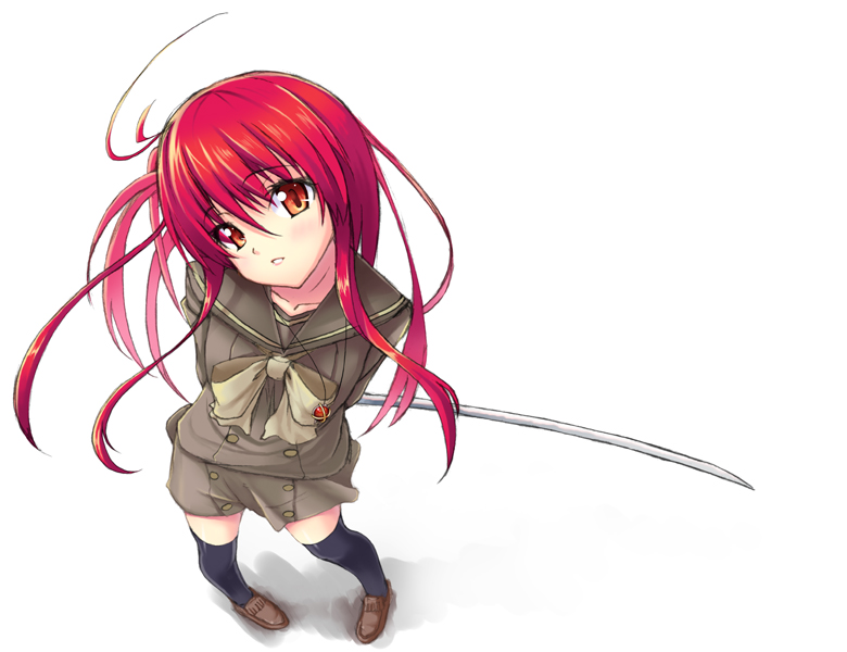 gin (ginshari), alastor (shakugan no shana), shana, shakugan no shana, 00s, 1girl, arms behind back, female focus, from above, jewelry, katana, legs, pendant, perspective, red hair, school uniform, serafuku, solo, sword, thighhighs, weapon, zettai ryouiki