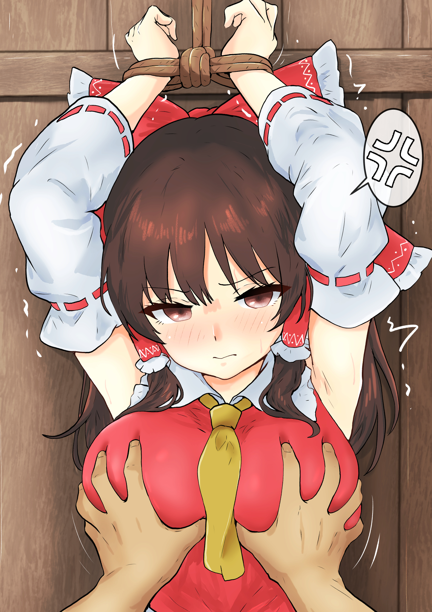 hinben, hakurei reimu, touhou, commentary request, highres, paid reward available, 1boy, 1girl, anger vein, arms up, ascot, blush, bound, bound wrists, bow, breasts, brown eyes, brown hair, closed mouth, dark-skinned male, dark skin, detached sleeves, frilled bow, frilled hair tubes, frills, grabbing another's breast, groping, hair bow, hair tubes, large breasts, long hair, looking at viewer, red bow, restrained, ribbon-trimmed sleeves, ribbon trim, spoken anger vein, yellow ascot