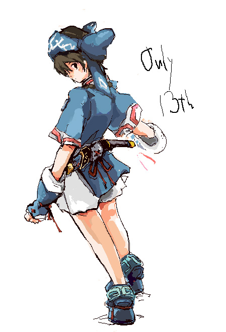 july13th, rimururu, samurai spirits, 1girl, black eyes, black hair, blue coat, blue headscarf, blue shoes, bracer, coat, dagger, english text, female focus, full body, headscarf, knife, looking at viewer, shoes, shorts, simple background, skirt, solo, standing, weapon, white shorts, white skirt