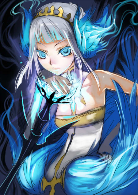 isaki uta, gwendolyn (odin sphere), odin sphere, silver hair, 1girl, armpits, blue eyes, breasts, cleavage, collar, collarbone, crown, detached collar, dress, female focus, fire, short hair, solo, strapless, strapless dress, white dress