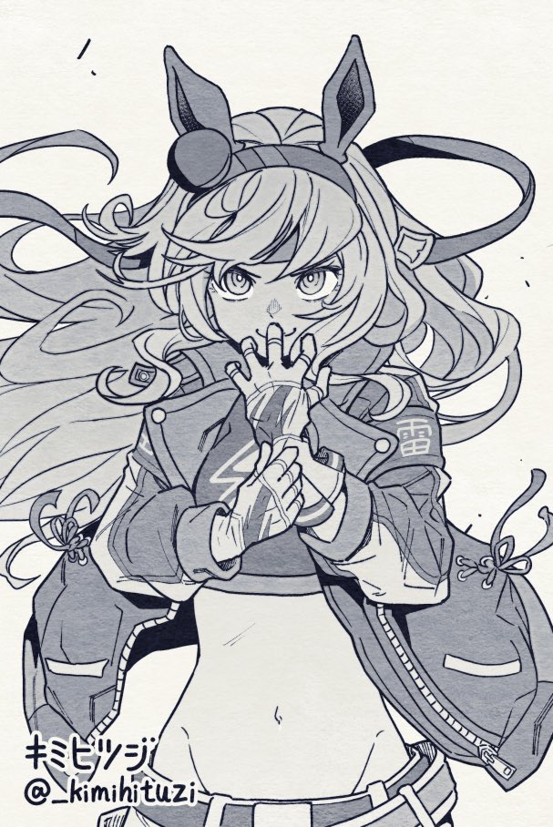 kimihitsuji, tamamo cross (umamusume), umamusume, umamusume: cinderella gray, 1girl, animal ears, grey hair, grey tail, greyscale, horse ears, horse girl, horse tail, monochrome, tail
