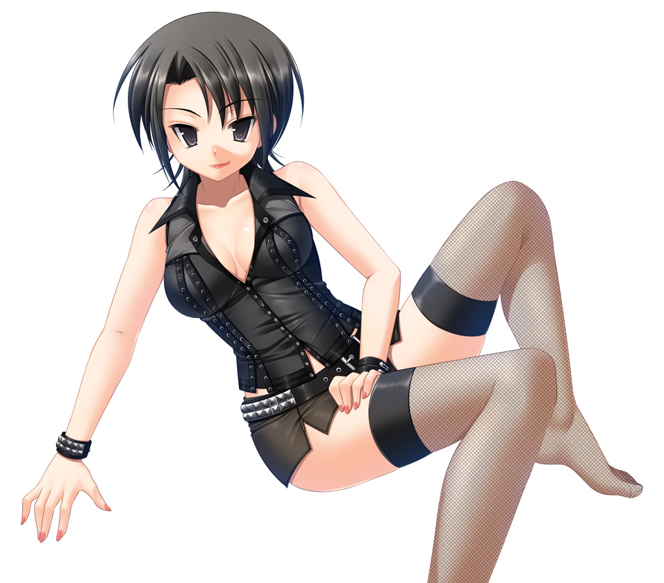 hazuki (etcxetc), hasegawa haruka, moyashimon, 1girl, belt, black hair, breasts, cleavage, feet, female focus, medium breasts, miniskirt, short hair, skirt, solo, thighhighs