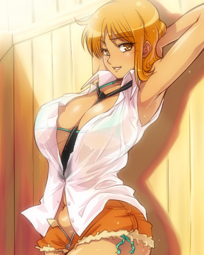 hairu, nami (one piece), one piece, lowres, 1girl, arm behind head, armpits, between breasts, bikini, bikini top only, breasts, brown eyes, curvy, female focus, huge breasts, large breasts, navel, necktie, necktie between breasts, open clothes, open shirt, orange eyes, orange hair, see-through clothes, shirt, short shorts, shorts, side-tie bikini bottom, solo, swimsuit, unzipped