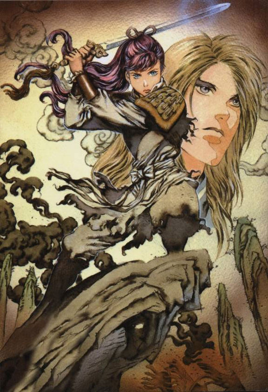 yamada akihiro, keiki (juuni kokuki), nakajima youko, juuni kokuki, official art, 1boy, 1girl, armor, blonde hair, bracer, faux traditional media, flag, jian (weapon), long hair, mountain, pauldrons, red hair, sash, shoulder armor, smoke, sword, weapon